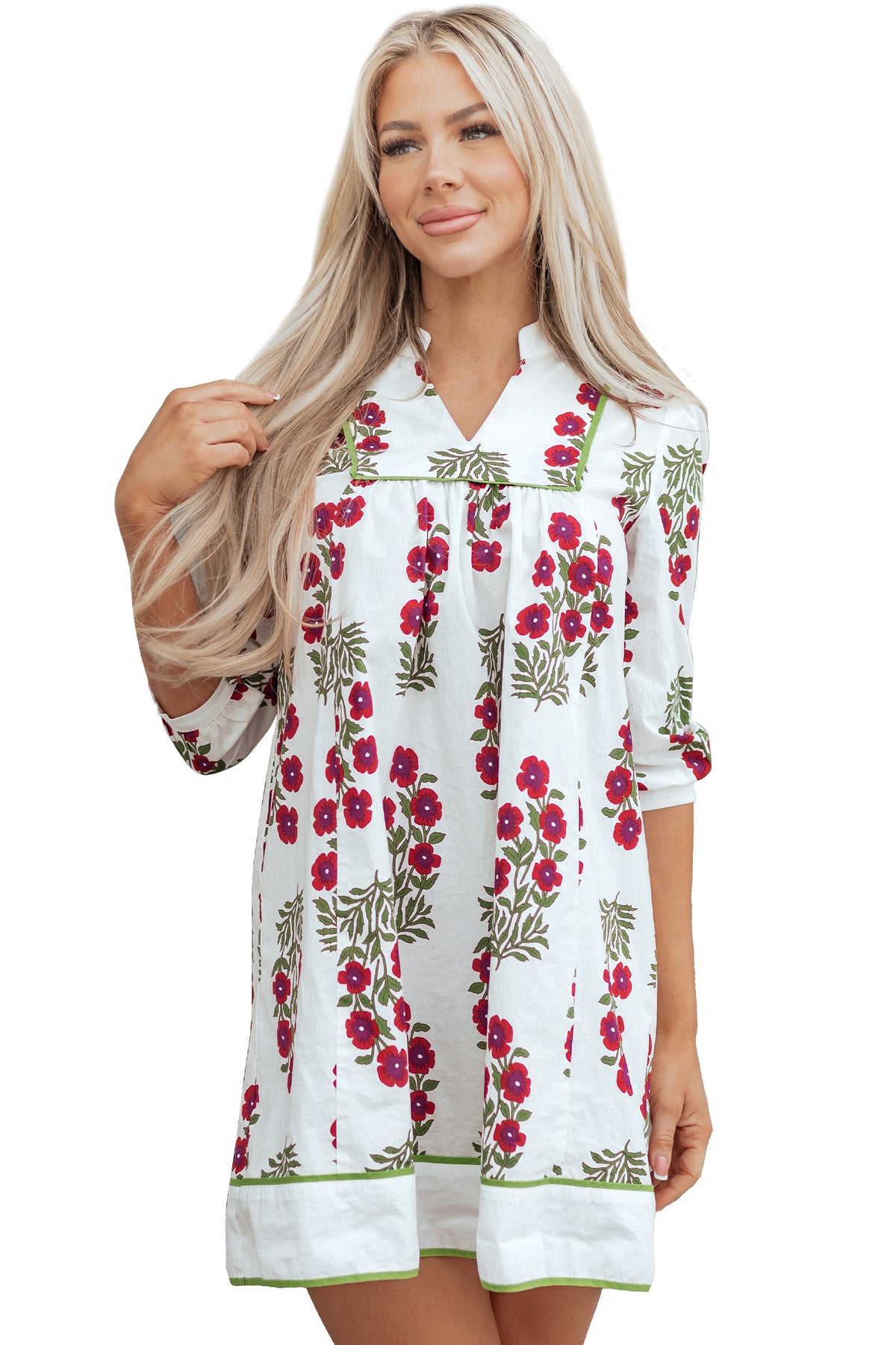 KaleaBoutique Stylish Frilled V Neck 3/4 Sleeve Loose Floral Dress - KaleaBoutique.com