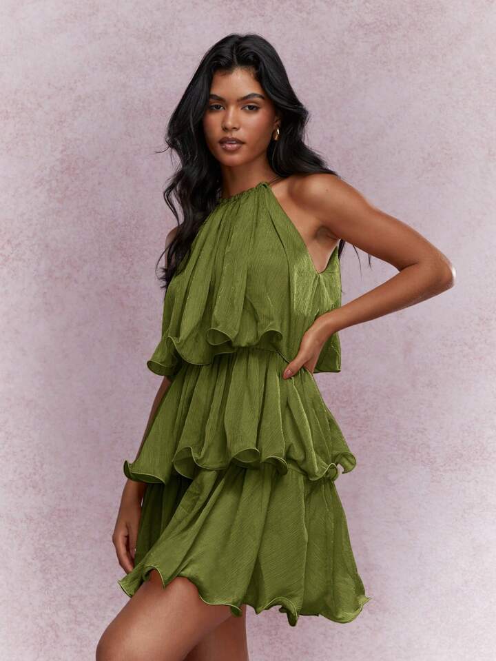 Elegant Halter Neck Sleeveless Strapless Sheer Layered Dress - Ruffled Hem Elegant Women's Summer Party Dress Beach Vacation Outfits - KaleaBoutique.com