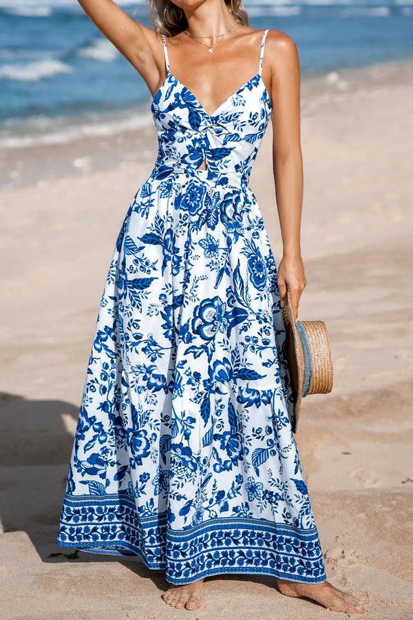 KaleaBoutique Stylish Twisted Bust Spaghetti Straps Backless Floral Maxi Dress - KaleaBoutique.com