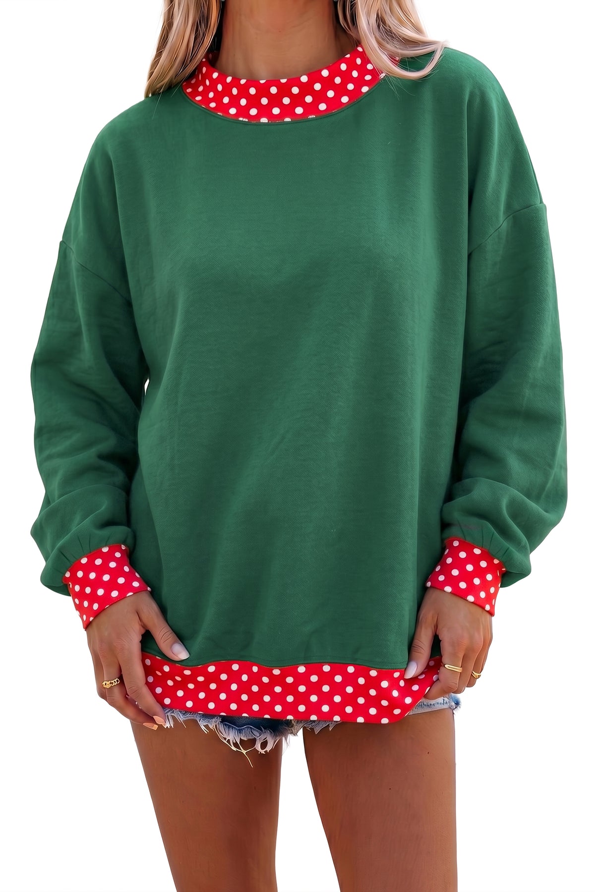 KaleaBoutique Comfortable Colorblock Polka Dot Contrast Trim Oversized Sweatshirt - KaleaBoutique.com