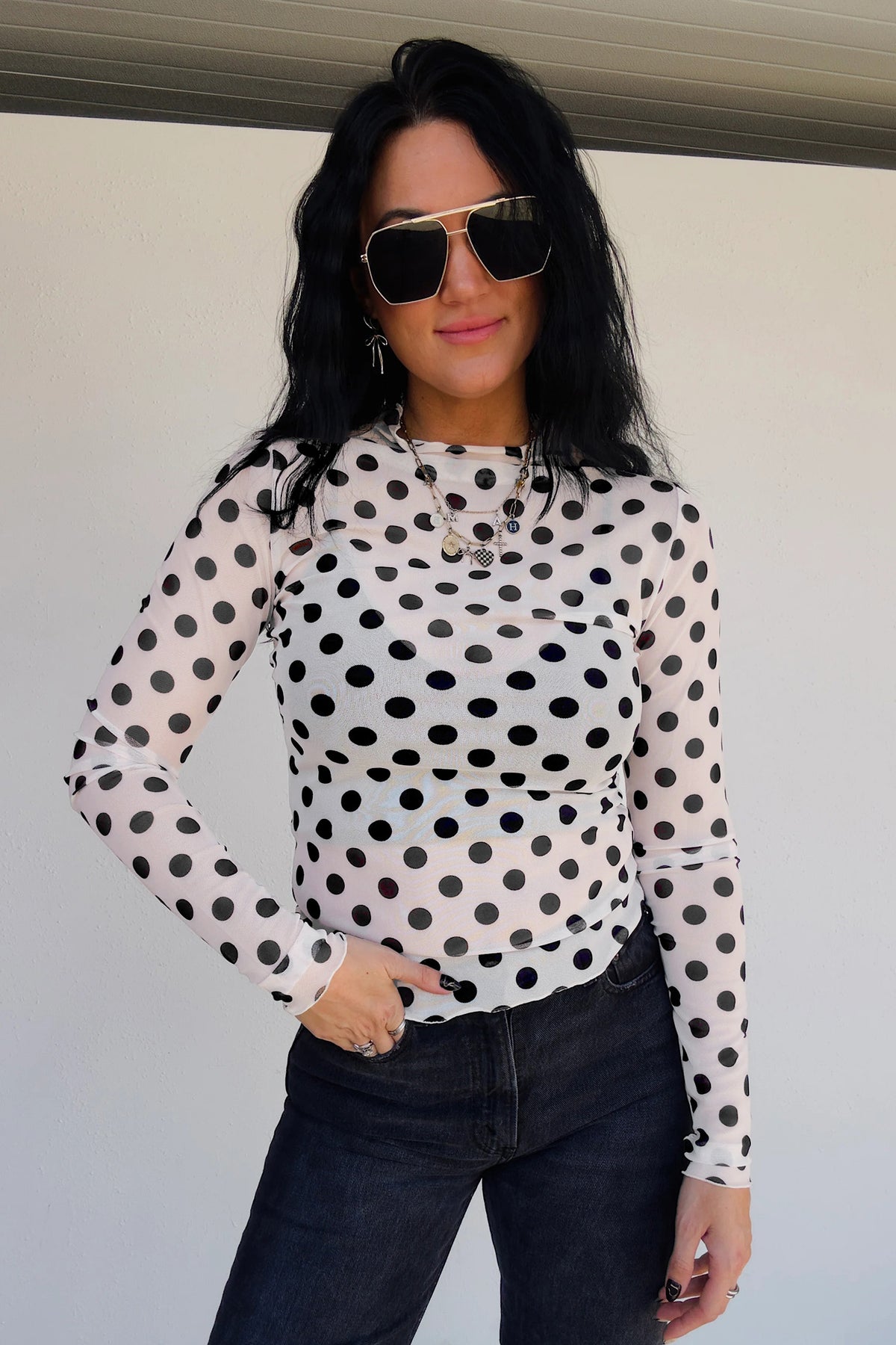 KaleaBoutique Stylish Polka Dot Mesh Long Sleeve Stand Neck Sheath Top - KaleaBoutique.com