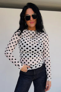 KaleaBoutique Stylish Polka Dot Mesh Long Sleeve Stand Neck Sheath Top - KaleaBoutique.com