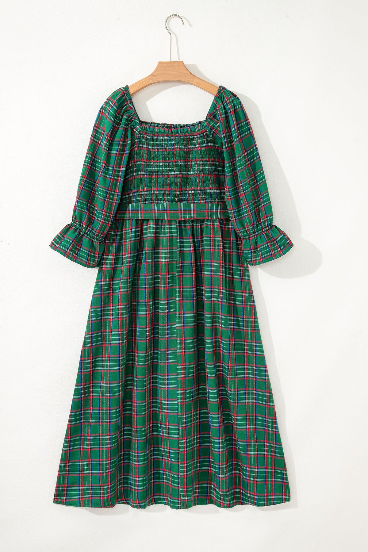 Tartan Plaid Square Neck Puff Sleeve Knot Waist Flared Midi Dress - KaleaBoutique.com