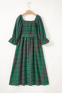 Tartan Plaid Square Neck Puff Sleeve Knot Waist Flared Midi Dress - KaleaBoutique.com