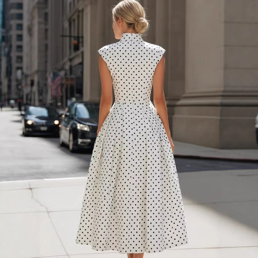 Women's White Polka-Dot High-Neck A-Line Maxi Dress - KaleaBoutique.com