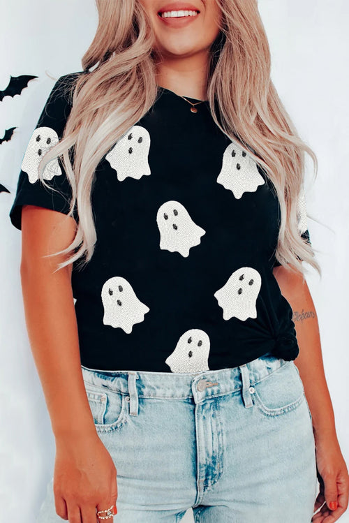 Black Sequin Halloween Ghost Patched Casual T Shirt - KaleaBoutique.com