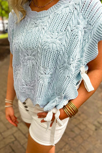 KaleaBoutique Stylish Pointelle Knit Patterned Scalloped Trim Short Sleeve Sweater - KaleaBoutique.com
