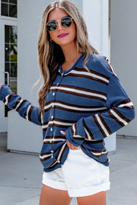 KaleaBoutique Comfortable Striped Drop Shoulder Button Cardigan - KaleaBoutique.com