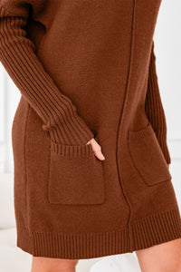 KaleaBoutique Stylish Ribbed High Neck Front Pockets Center Seam Shift Sweater Dress - KaleaBoutique.com