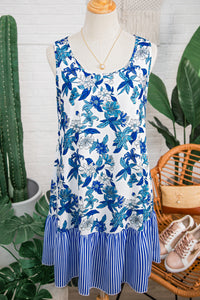 KaleaBoutique Stylish Floral Print U Neck Sleeveless Striped Ruffle Hem Patchwork Dress - KaleaBoutique.com
