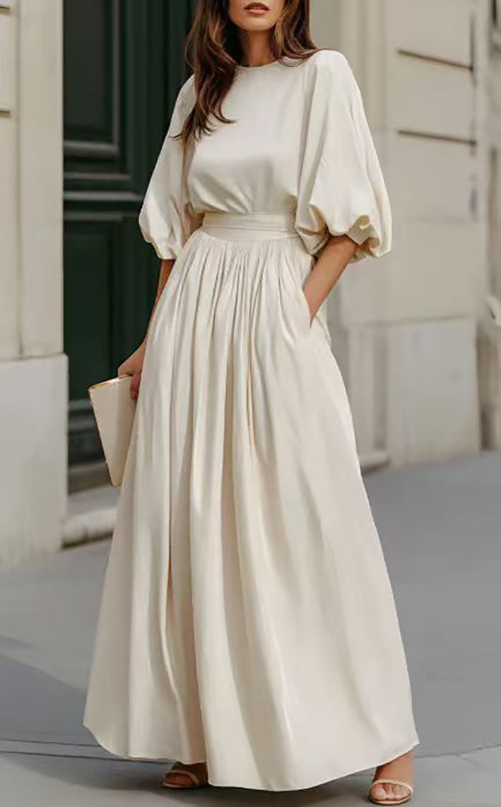 Women's Round-Neck Lantern-Sleeve Maxi Dress with Pockets - KaleaBoutique.com