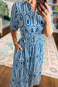 KaleaBoutique Stylish Geometric Print Short Sleeve Drawstring Shirt Collar Dress - KaleaBoutique.com