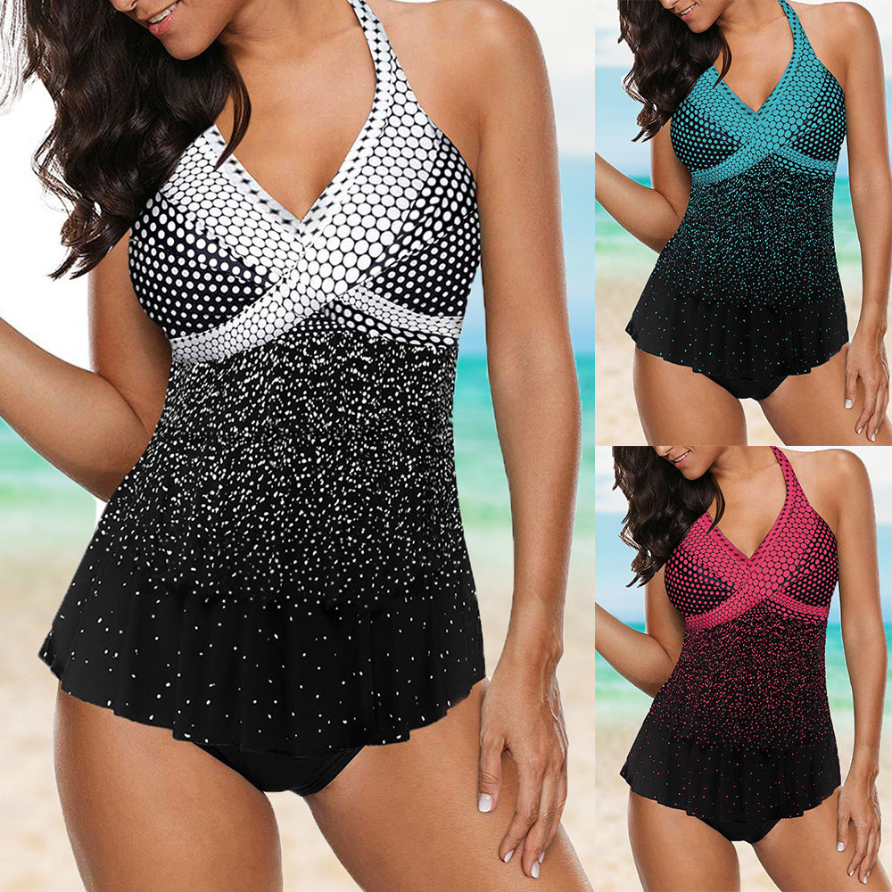 Women's Gradient Polka Dot Halter Swim Top and Briefs 2 PC Tankini Set - KaleaBoutique.com
