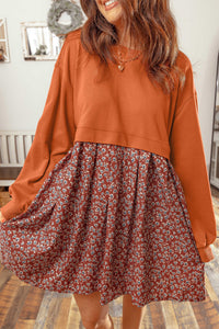 Orange Floral Patchwork 2-in-1 Balloon Sleeve Flared Mini Dress - KaleaBoutique.com