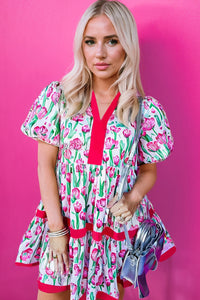 Floral Print Contrast Trim V Neck Bubble Short Sleeve Babydoll Dress - KaleaBoutique.com