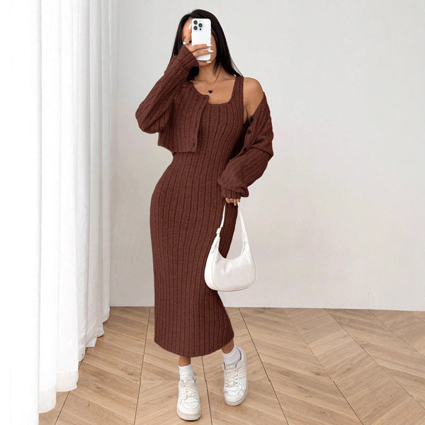 KaleaBoutique Rib-Knit Button-Front Jacket and Bodycon Dress Set - KaleaBoutique.com