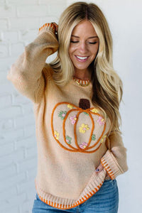 Floral Embroidery Pumpkin Long Sleeve Round Neck Sweater - KaleaBoutique.com