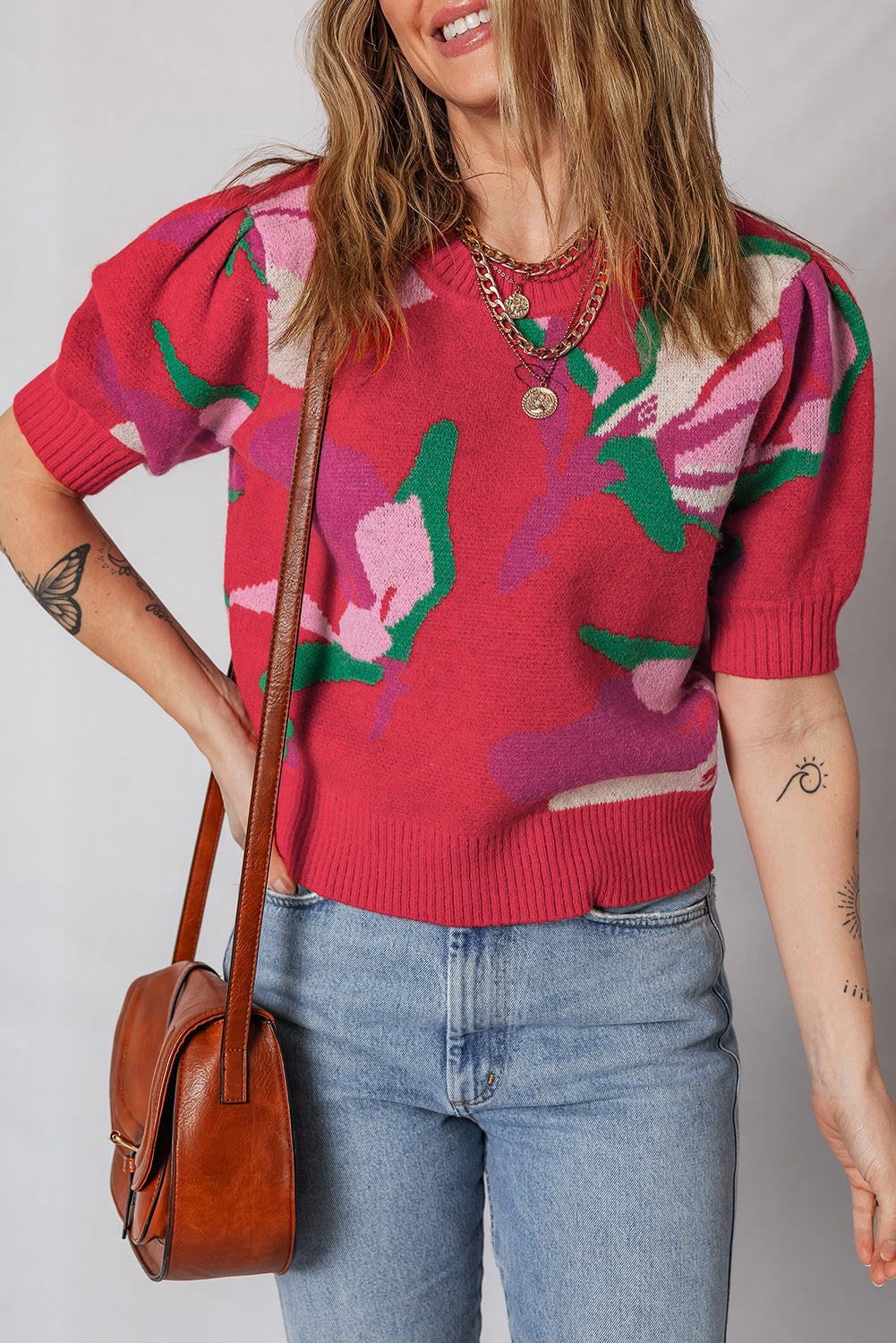 KaleaBoutique Comfortable Floral Abstract Print Short Puff Sleeve Sweater - KaleaBoutique.com