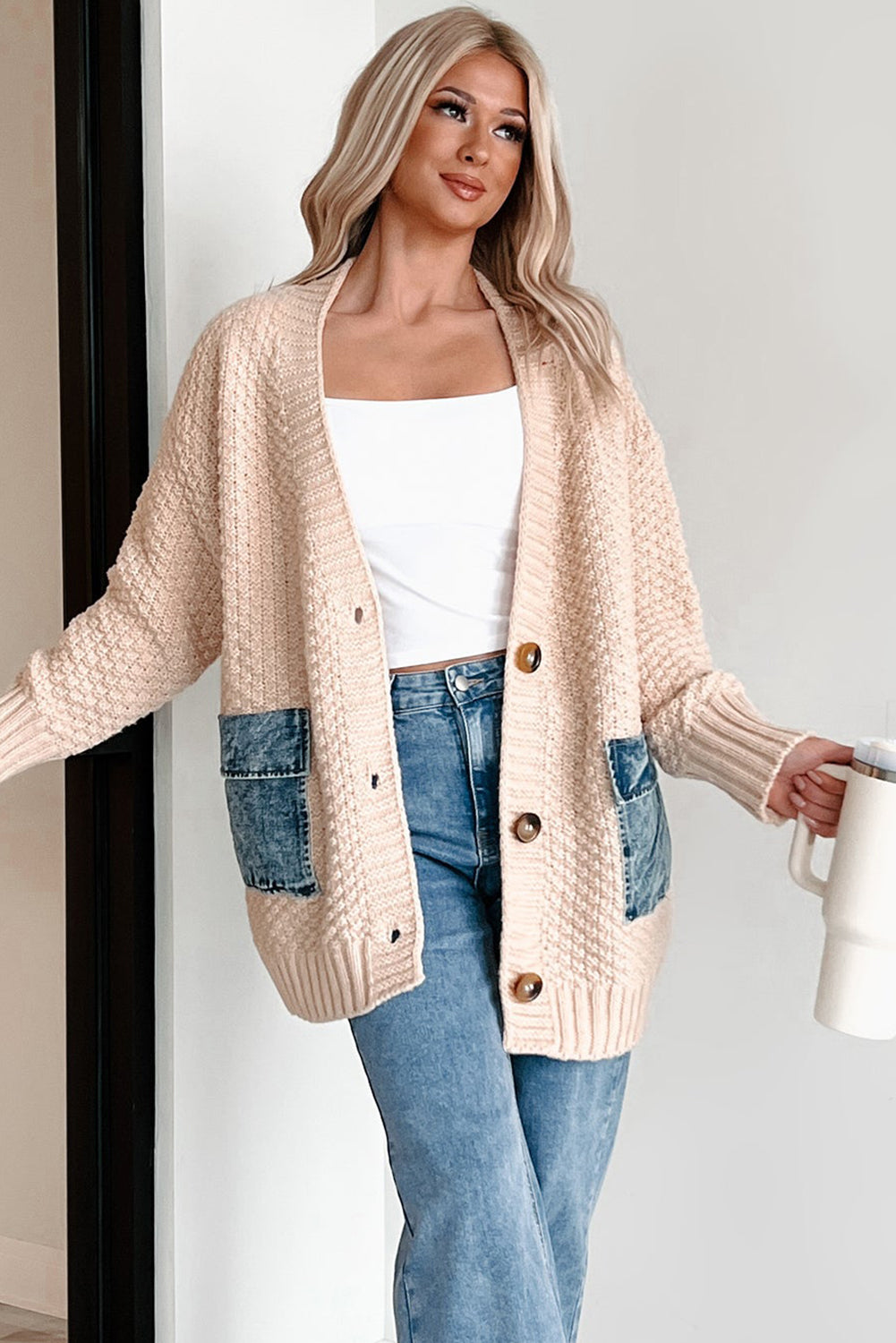 KaleaBoutique Comfortable Open Front Knitted Denim Pocket Patchwork Cardigan - KaleaBoutique.com