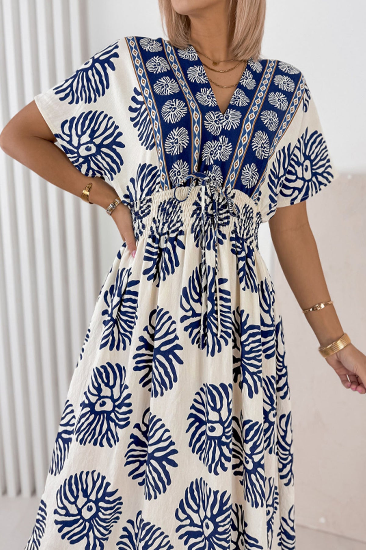 KaleaBoutique Comfortable Boho Floral Print Contrast Patchwork V Neck Dolman Maxi Dress - KaleaBoutique.com