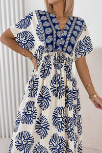 KaleaBoutique Comfortable Boho Floral Print Contrast Patchwork V Neck Dolman Maxi Dress - KaleaBoutique.com