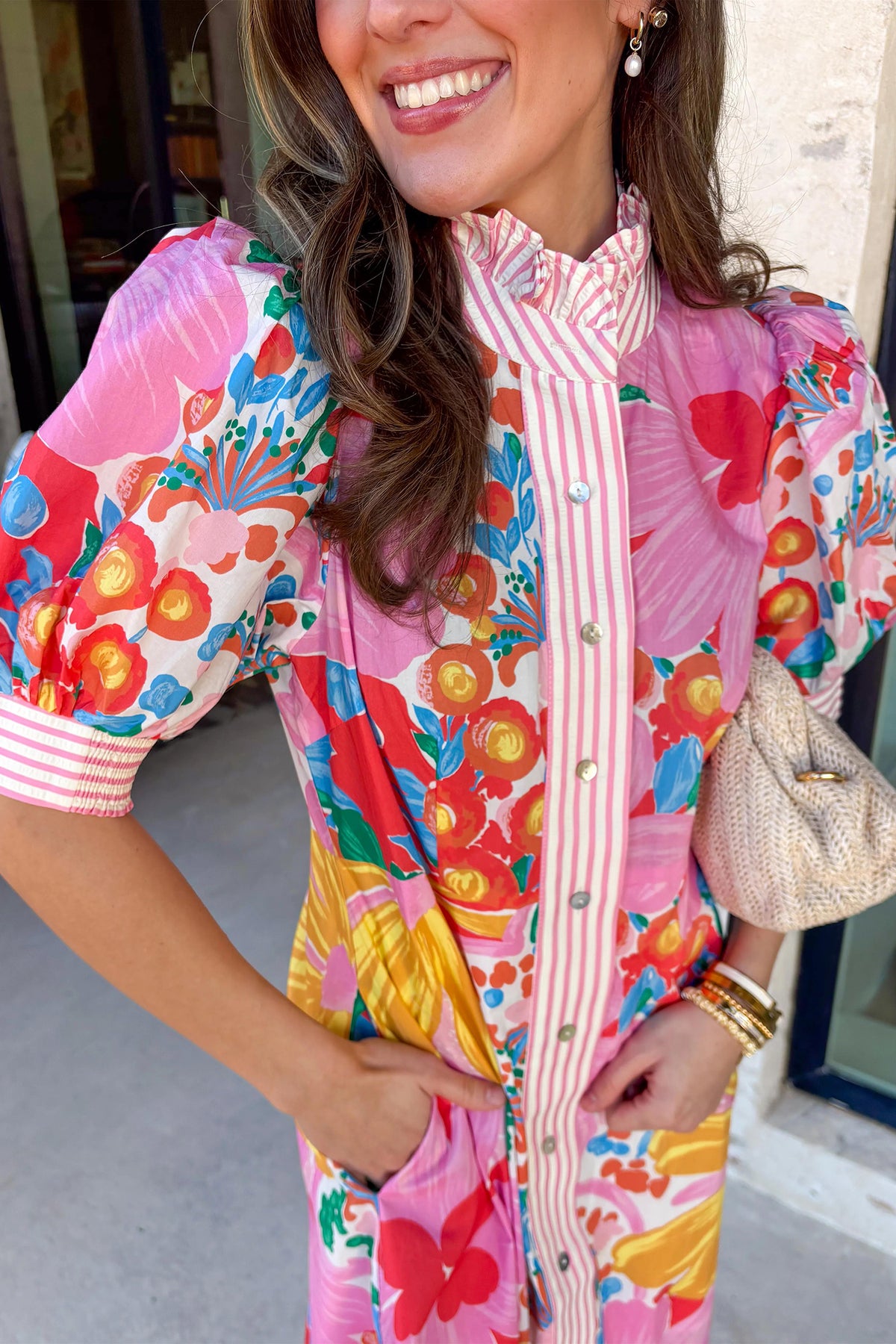 KaleaBoutique Stylish Floral Print Striped Trim Button Down Short Sleeve Vacation Dress - KaleaBoutique.com