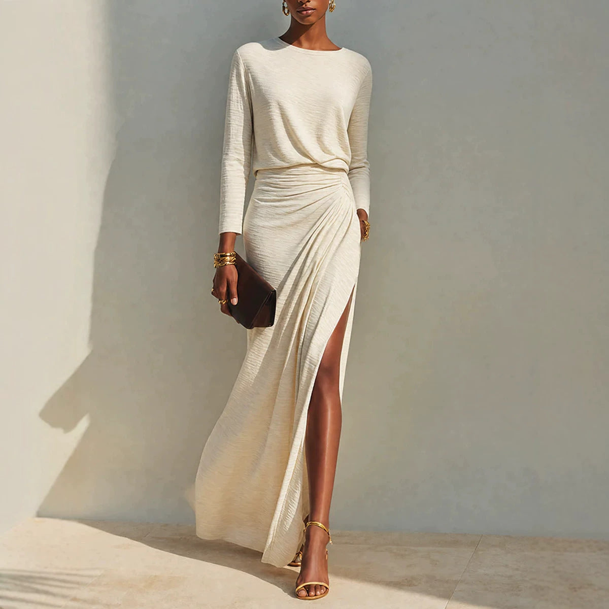 Women's Long-Sleeve Ruched Side-Slit Maxi Dress - KaleaBoutique.com