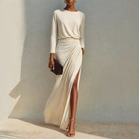 Women's Long-Sleeve Ruched Side-Slit Maxi Dress - KaleaBoutique.com