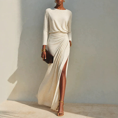 Women's Long-Sleeve Ruched Side-Slit Maxi Dress - KaleaBoutique.com