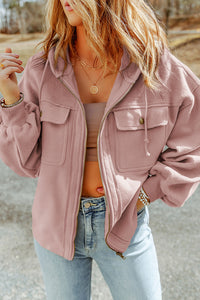 Flap Pocket Drawstring Hood Zip Up Jacket - KaleaBoutique.com
