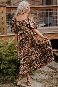 KaleaBoutique Stylish Leopard Print Bubble Sleeve Square Neck Maxi Dress - KaleaBoutique.com