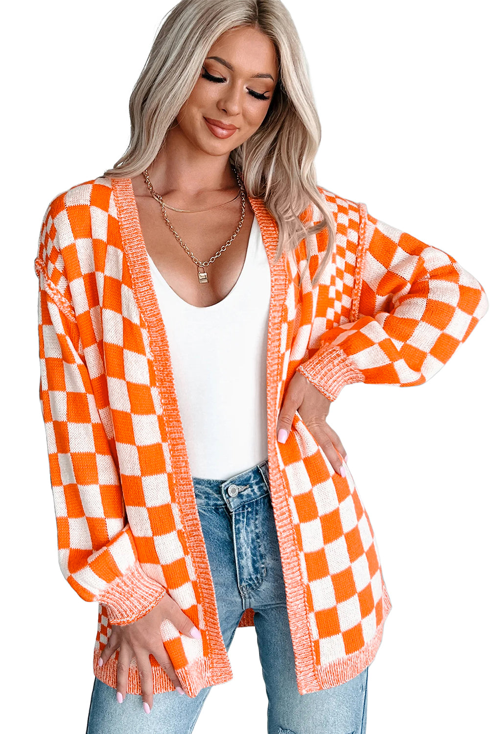 KaleaBoutique Stylish Checkered Open Front Drop Shoulder Cardigan - KaleaBoutique.com