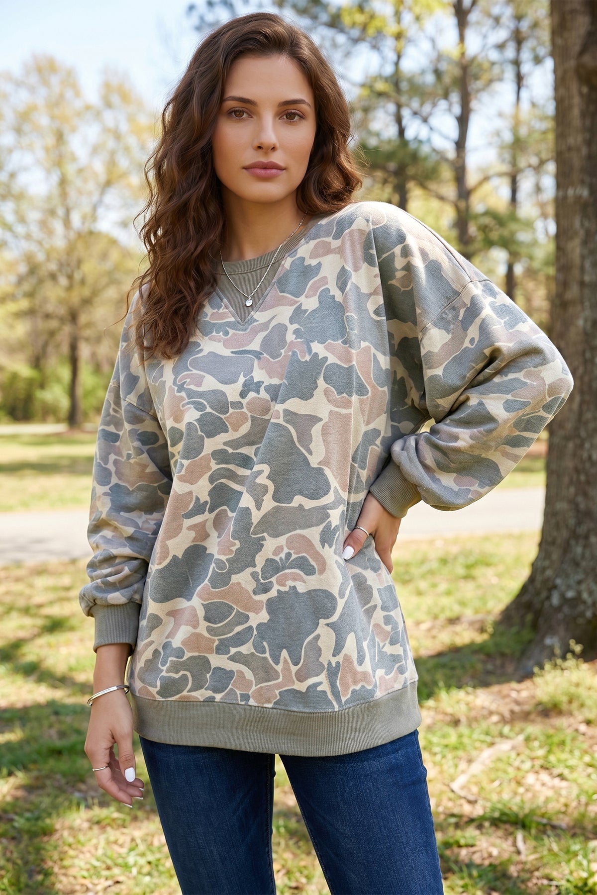 KaleaBoutique Stylish Camo Print Ribbed Trim Casual Pullover Sweatshirt - KaleaBoutique.com