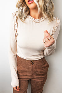KaleaBoutique Stylish Solid Color Round Neck Frill Detail Long Sleeve Top - KaleaBoutique.com