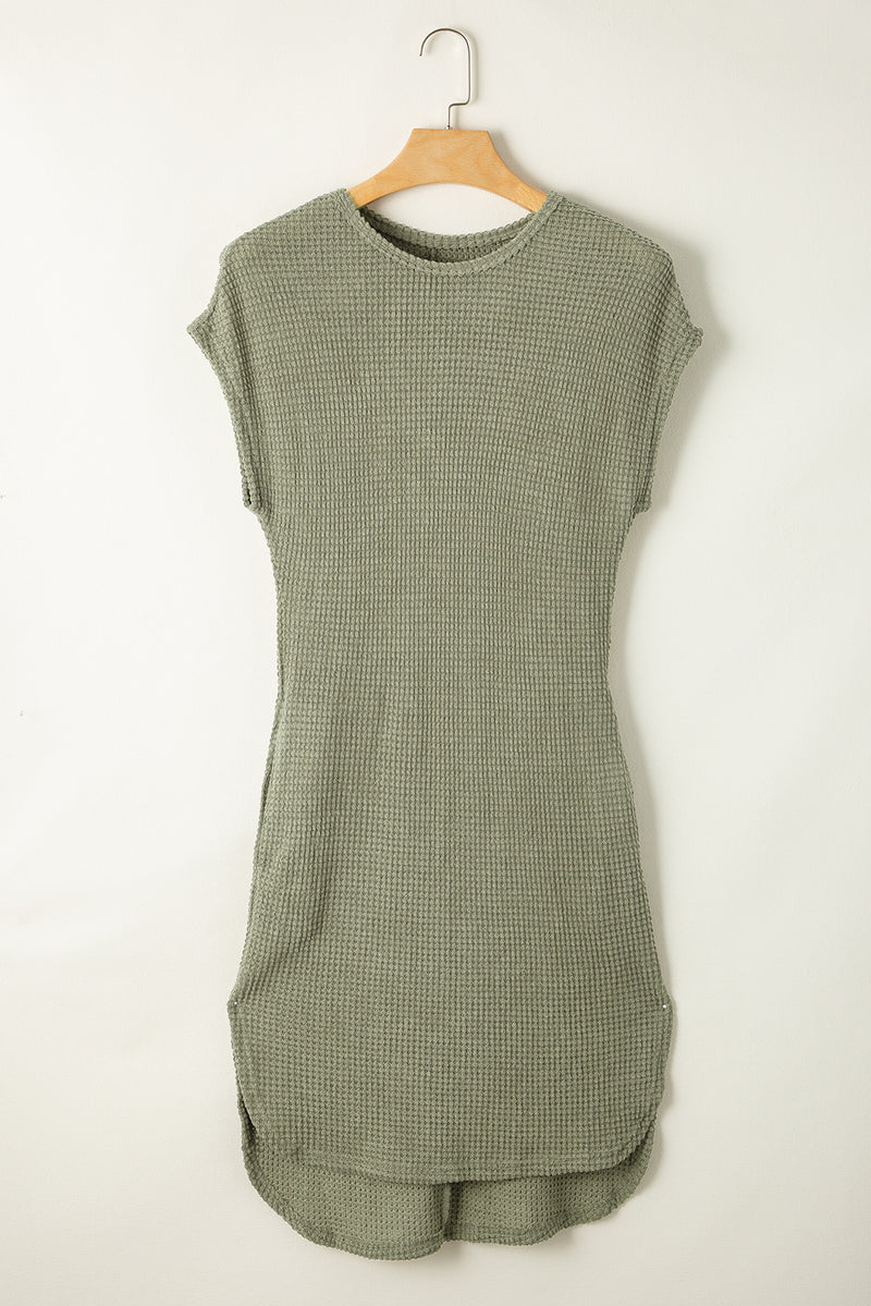 KaleaBoutique Stylish Waffle Texture Curved Hem Side Slit T-shirt Dress - KaleaBoutique.com