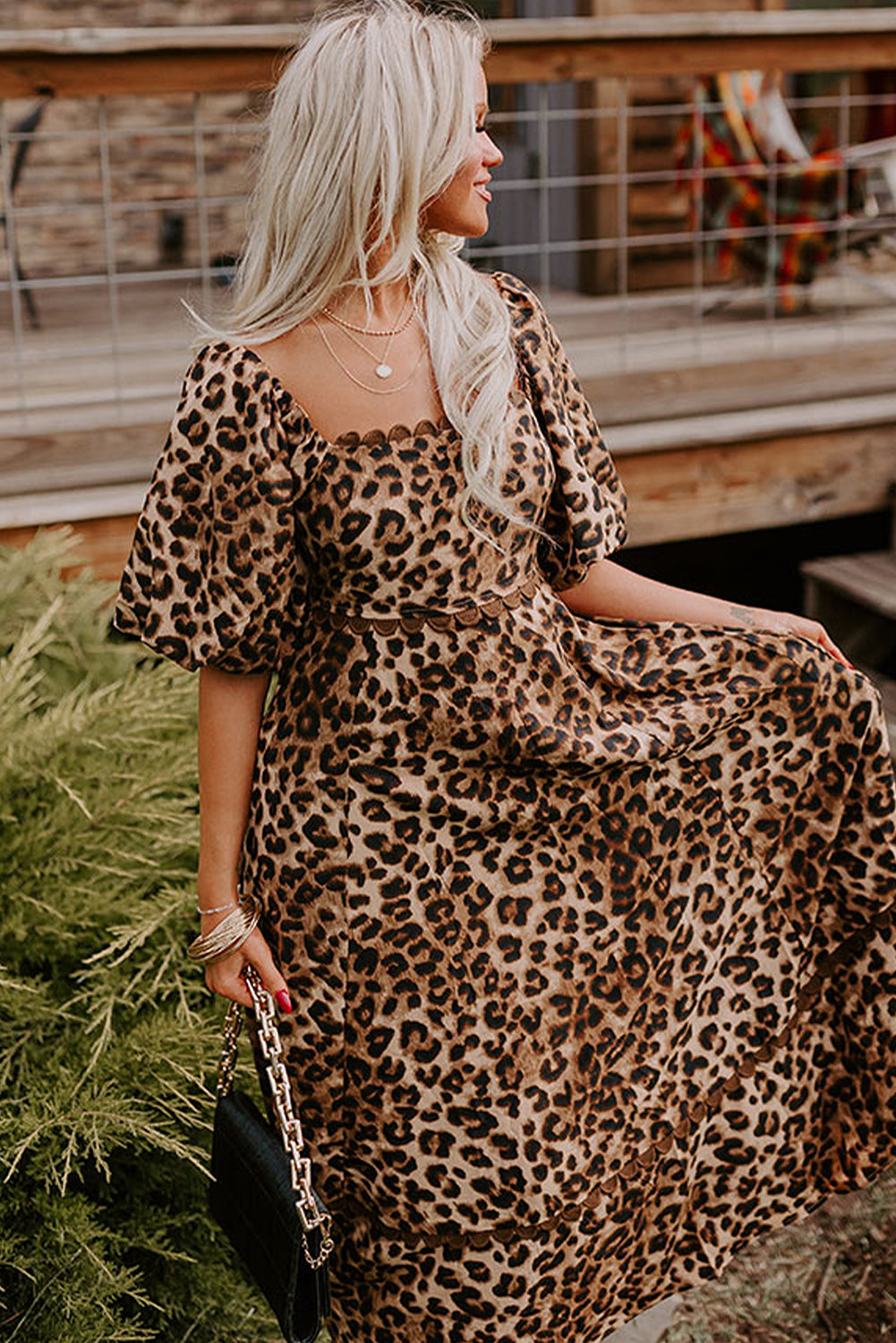 KaleaBoutique Stylish Leopard Print Bubble Sleeve Square Neck Maxi Dress - KaleaBoutique.com
