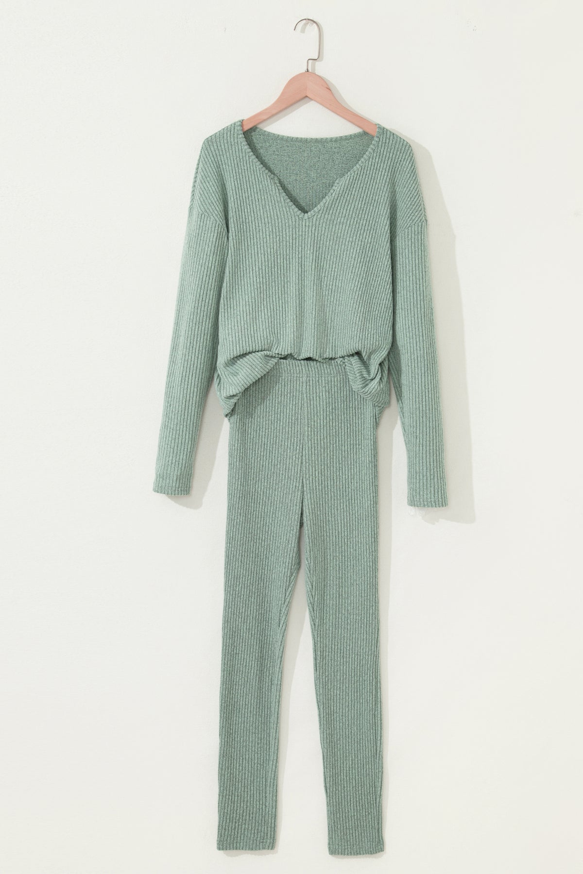 KaleaBoutique Comfortable Ribbed Notched Neck Knit Long Sleeve Leggings Two Pieces Lounge Set - KaleaBoutique.com