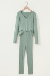 KaleaBoutique Comfortable Ribbed Notched Neck Knit Long Sleeve Leggings Two Pieces Lounge Set - KaleaBoutique.com