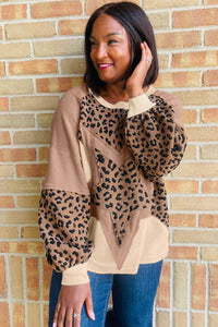 KaleaBoutique Stylish Leopard Star Color Block Patchwork Textured Baggy Sweatshirt - KaleaBoutique.com