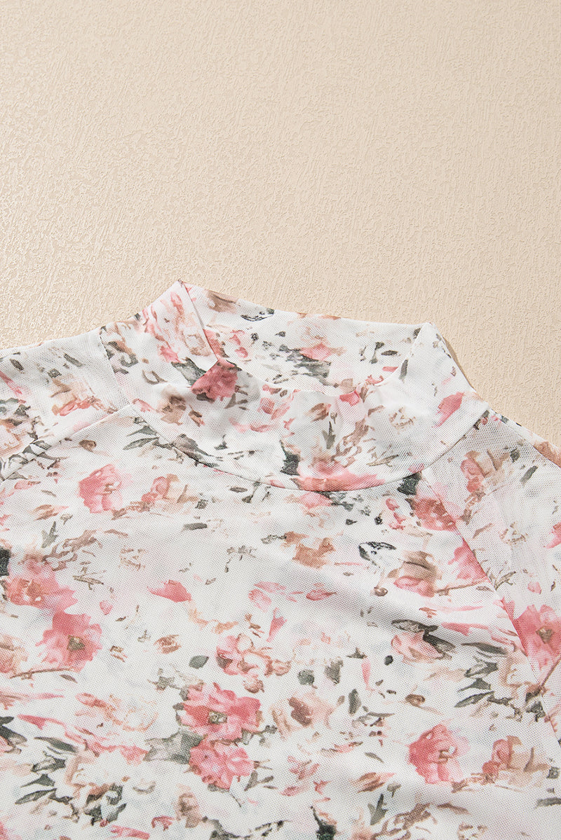 KaleaBoutique Floral Long Sleeve High Neck Sheath Mesh Top - KaleaBoutique.com