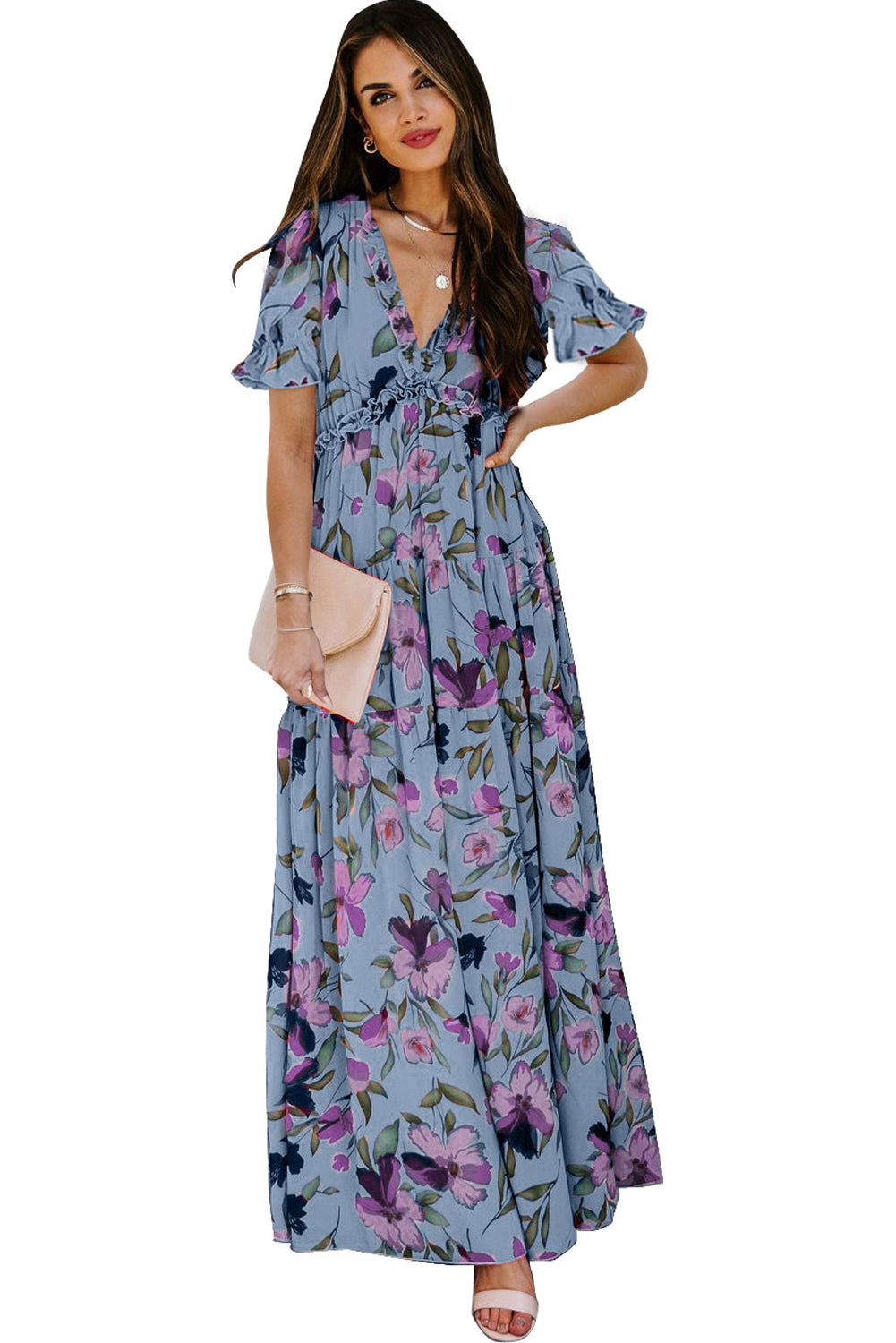 KaleaBoutique Stylish Fiery Floral Print Frilled V Neck Short Sleeve Maxi Dress - KaleaBoutique.com