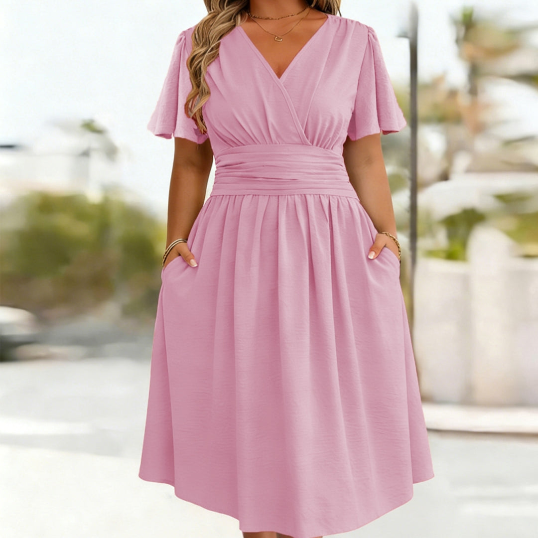 Women's V-Neck Flutter-Sleeve Gathered-Waist Midi Dress - KaleaBoutique.com