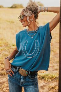 KaleaBoutique Comfortable Horse Shoe Embroidered Loose Short Sleeve Sweater - KaleaBoutique.com