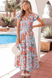 KaleaBoutique Comfortable Floral Print V Neck Contrast Trim Flutter Sleeve Long Dress - KaleaBoutique.com