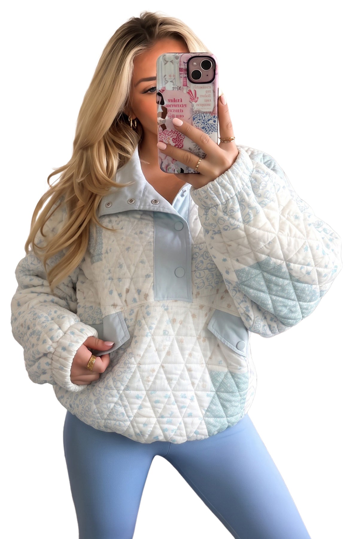Floral Quilted Half Button Pocketed Pullover Sweatshirt - KaleaBoutique.com