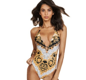 Women's Baroque Print Halter Lace-Up One-Piece Swimsuit - KaleaBoutique.com