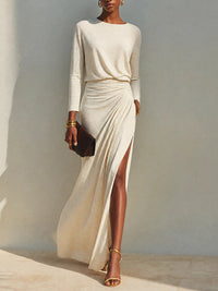 Women's Long-Sleeve Ruched Side-Slit Maxi Dress - KaleaBoutique.com