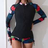 Women's Tropical Print Zip-Front Long-Sleeve Top and Shorts 2 PC Tankini Set - KaleaBoutique.com
