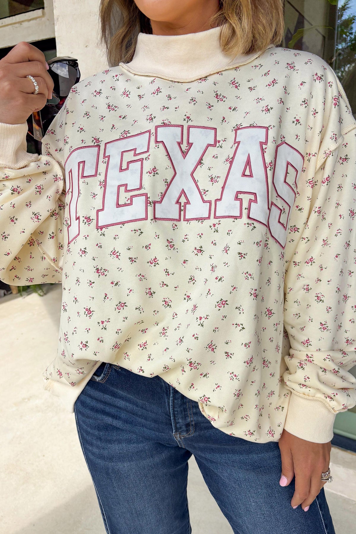 KaleaBoutique Stylish Floral Print Stand Neck Long Sleeve Slogan Sweatshirt - KaleaBoutique.com