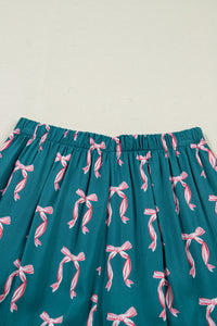 KaleaBoutique Stylish Ribbon Bow Print Silky Long Sleeve Shirt and Shorts 2pcs Pajama Set - KaleaBoutique.com
